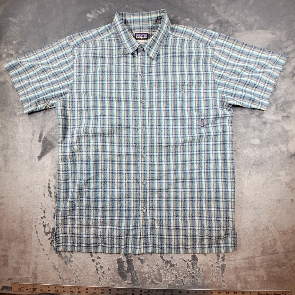Patagonia‎ Mens Short Sleeve Plaid Seersucker Button Down Shirt Blue Teal Large